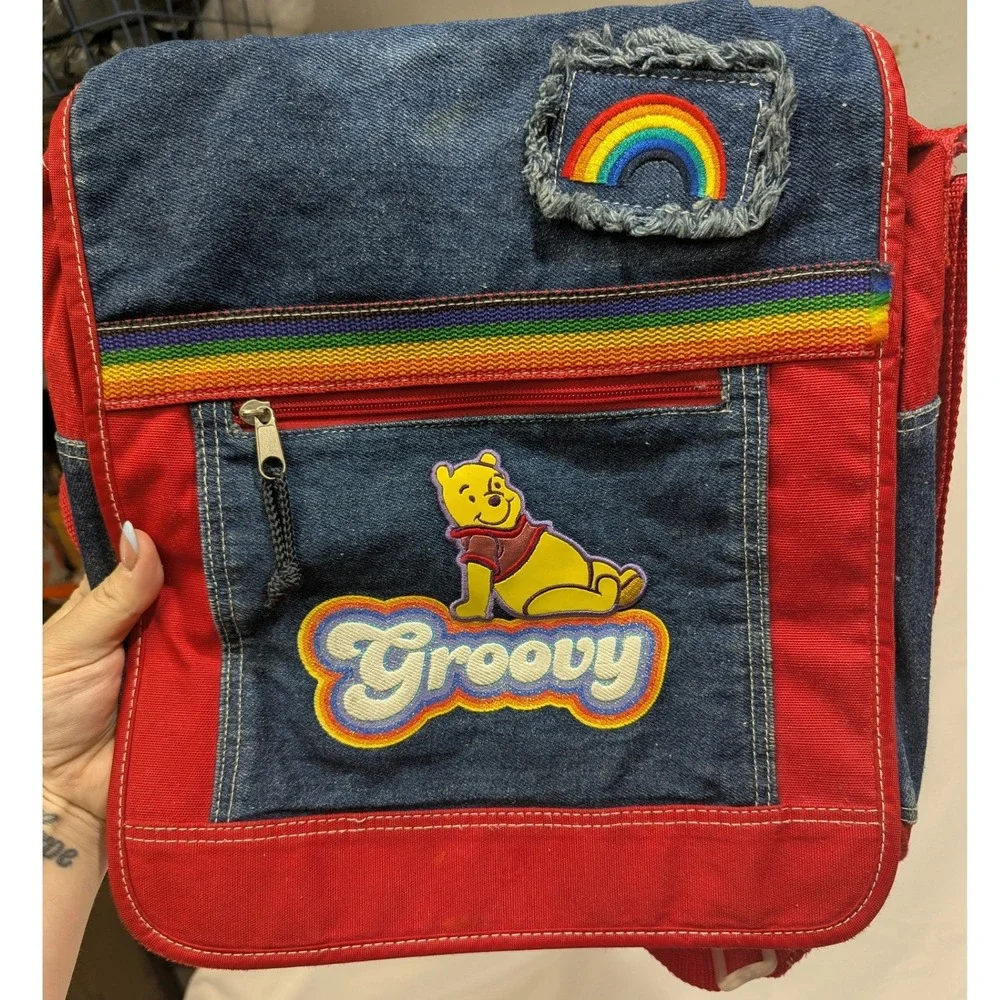 Y2K Disney Winnie the Pooh Messenger Bag Red Denim Groovy Rainbow OS 90's 2000s